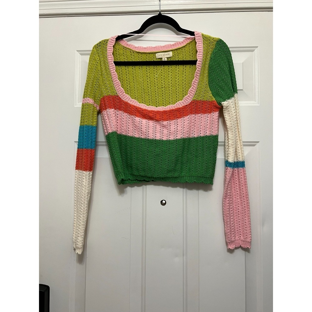 LA Hearts Medium Cropped Mesh‎ Knit Sweater Long Sleeve Grunge Boho Beach Pink